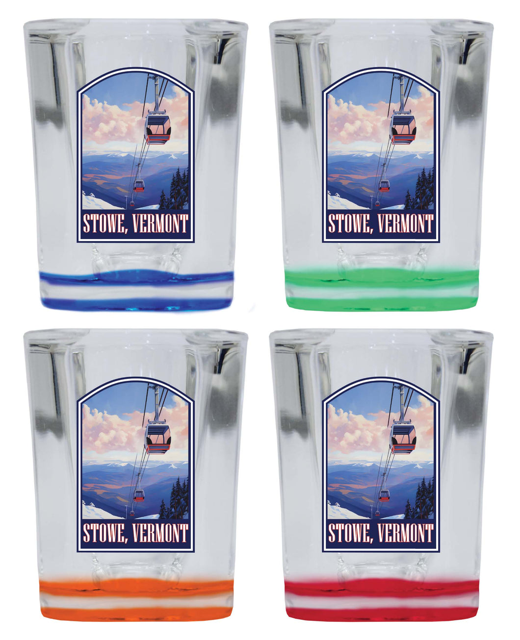 Stowe Mountain Vermont Design B Souvenir 2 Ounce Shot Glass Square 4-Pack Multicolor 
