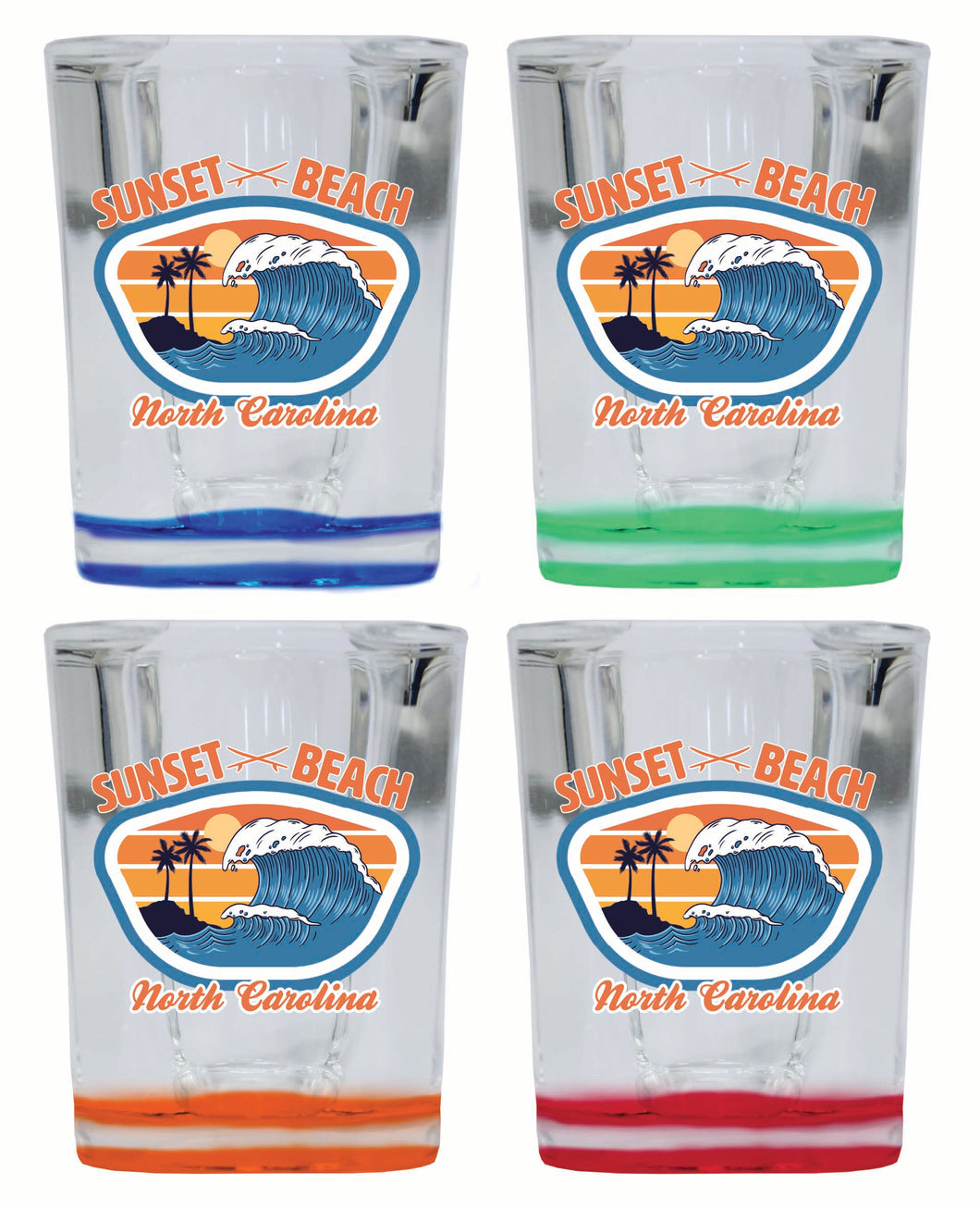 Sunset Beach North Carolina Surf Wave Design Souvenir 2 Ounce Shot Glass Square 4-Pack Multicolor 