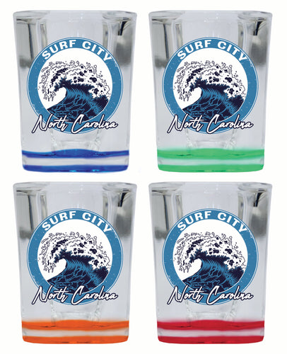 Surf City North Carolina Wave Design Souvenir 2 Ounce Shot Glass Square 4-Pack Multicolor 