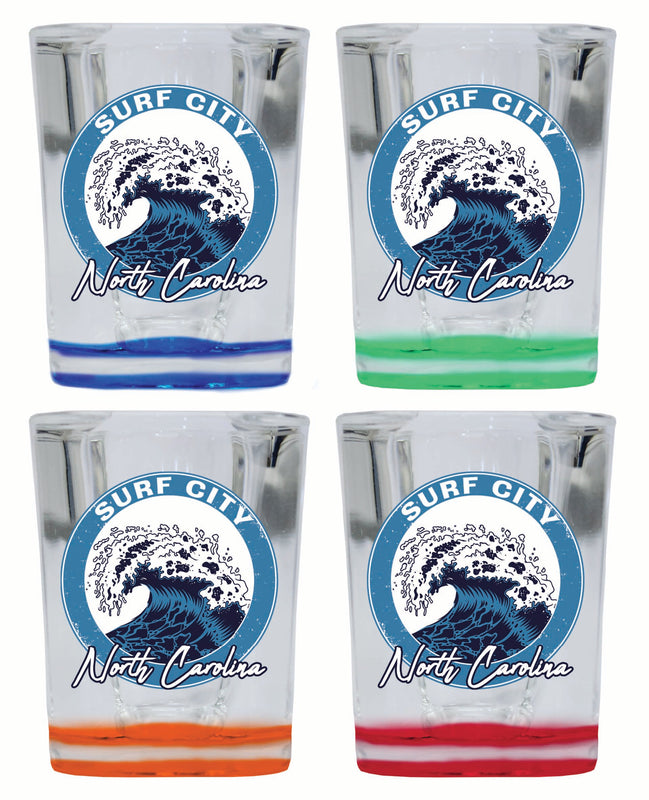 Surf City North Carolina Wave Design Souvenir 2 Ounce Shot Glass Square 4-Pack Multicolor 