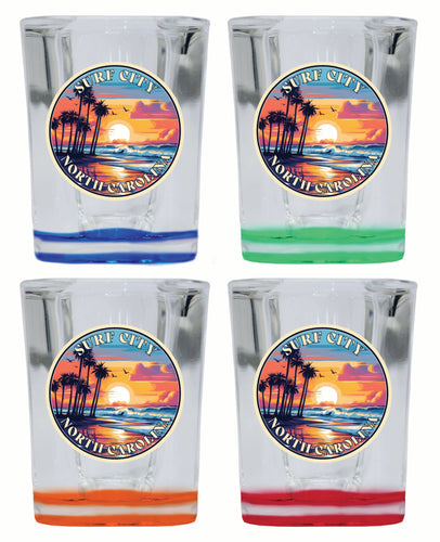 Surf City North Carolina Palm Sunset Design Souvenir 2 Ounce Shot Glass Square 4-Pack Multicolor 