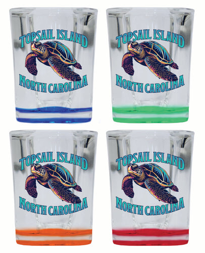 Topsail Island North Carolina Colorful Turtle Design Souvenir 2 Ounce Shot Glass Square 4-Pack Multicolor 