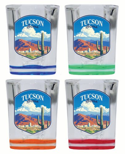 Tucson Arizona Desert Mountains Design Souvenir 2 Ounce Shot Glass Square 4-Pack Multicolor 