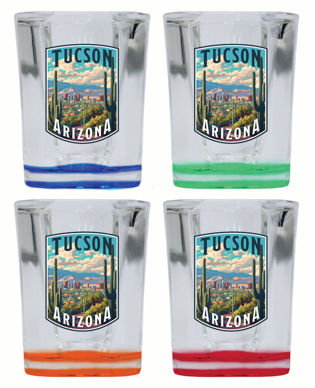 Tucson Arizona Cactus and Cityscape Design Souvenir 2 Ounce Shot Glass Square 4-Pack Multicolor 