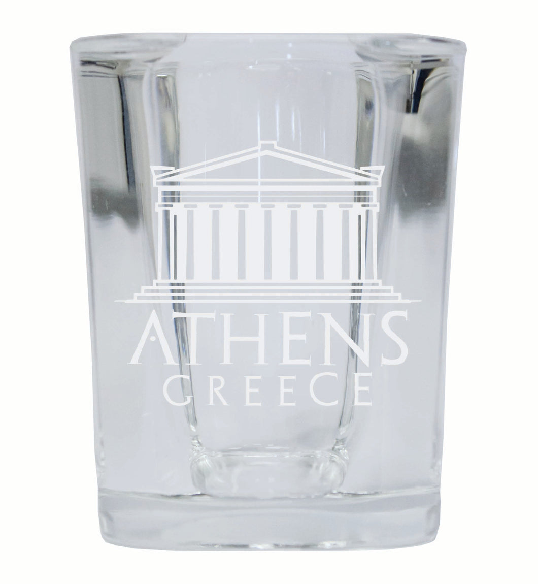 Athens Greece Souvenir 2 Ounce Engraved Shot Glass Square 4-Pack