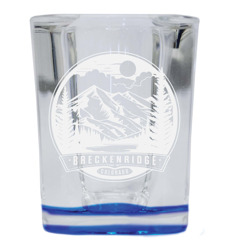 Brekenridge Colorado Souvenir 2 Ounce Engraved Shot Glass Square Blue Base Single Unit
