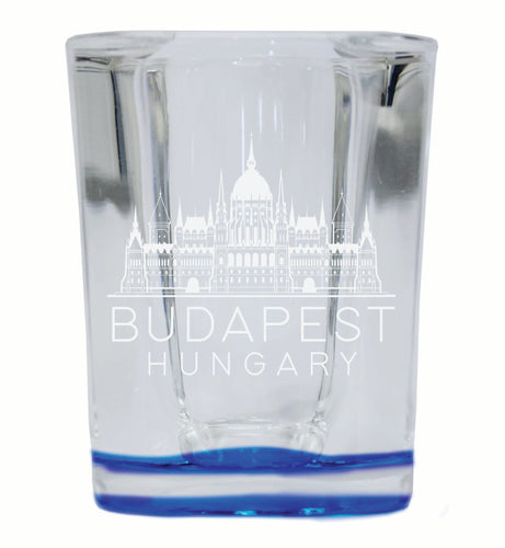 Budapest Hungary Souvenir 2 Ounce Engraved Shot Glass Square Blue Base 2-Pack