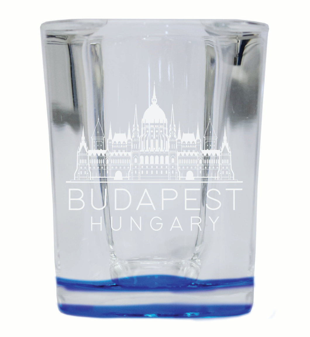 Budapest Hungary Souvenir 2 Ounce Engraved Shot Glass Square Blue Base 2-Pack