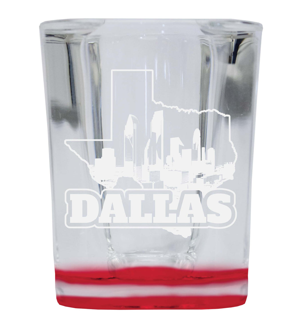 Dallas Texas Souvenir 2 Ounce Engraved Shot Glass Square Red Base 4-Pack