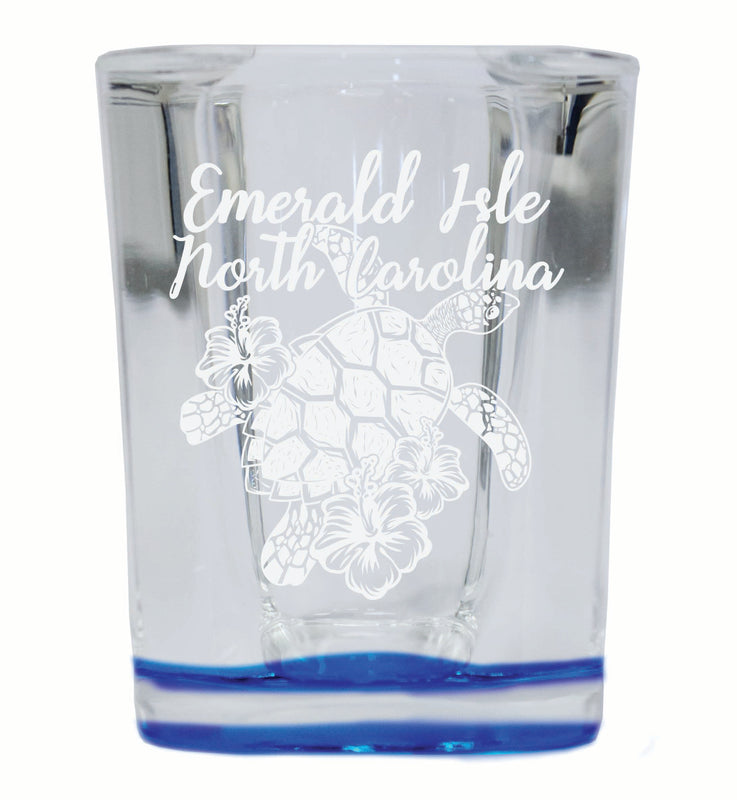 Emerald Isle North Carolina Souvenir 2 Ounce Engraved Shot Glass Square Blue Base 4-Pack