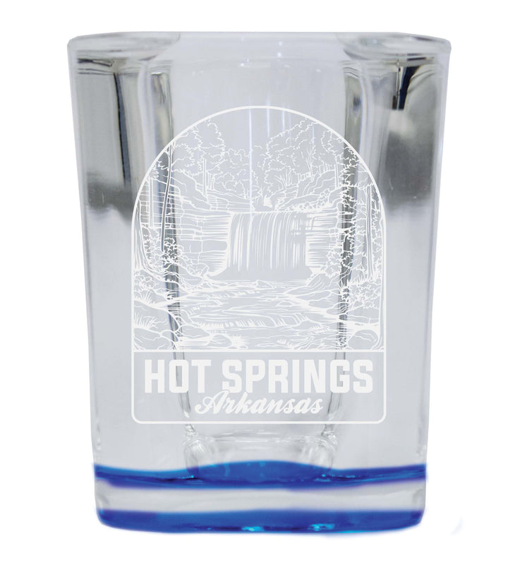 Hot Springs Arkansas Souvenir 2 Ounce Engraved Shot Glass Square Blue Base Single Unit