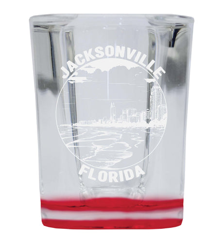 Jacksonville Florida Souvenir 2 Ounce Engraved Shot Glass Square Red Base 4-Pack