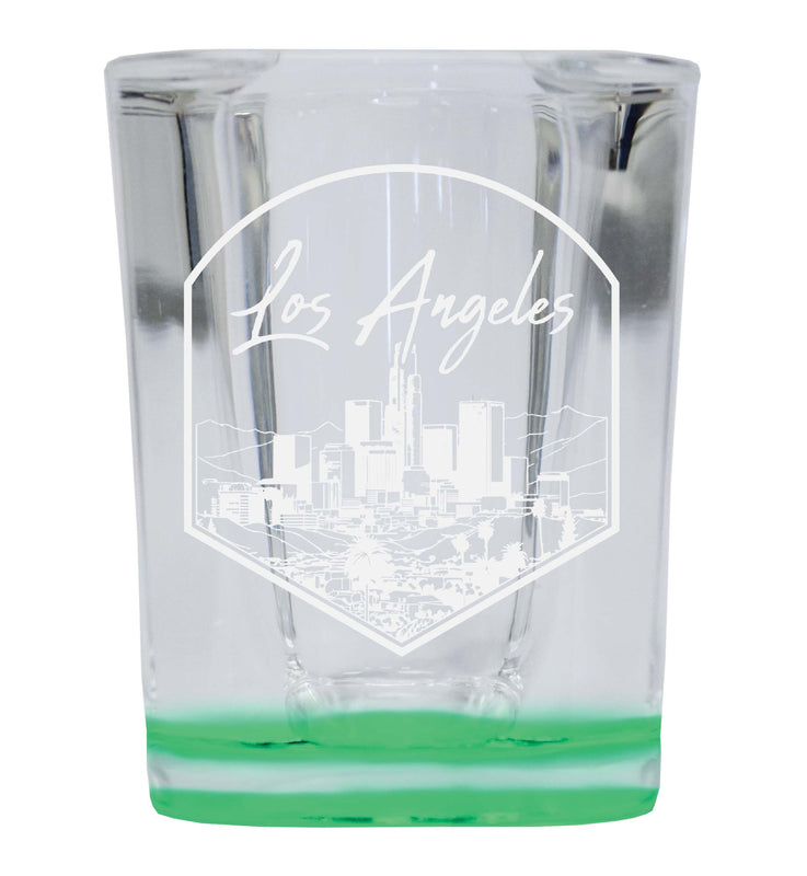 Los Angeles California Engraving 1 Souvenir 2 Ounce Engraved Shot Glass Square Green Base 4-Pack