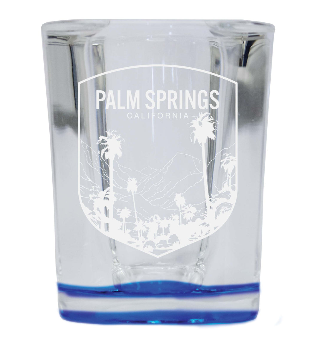 Palm Springs California Souvenir 2 Ounce Engraved Shot Glass Square Blue Base Single Unit