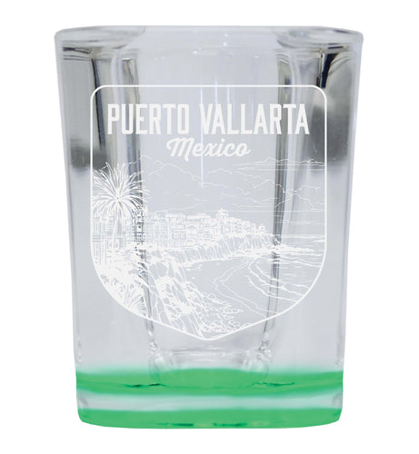 Puerto Vallarta Mexico Souvenir 2 Ounce Engraved Shot Glass Square Green Base 2-Pack