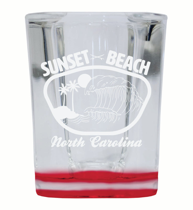 Sunset Beach North Carolina Souvenir 2 Ounce Engraved Shot Glass Square Red Base 4-Pack