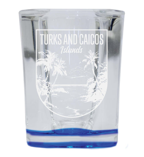 Turks and Caicos Islands Souvenir 2 Ounce Engraved Shot Glass Square Blue Base 4-Pack