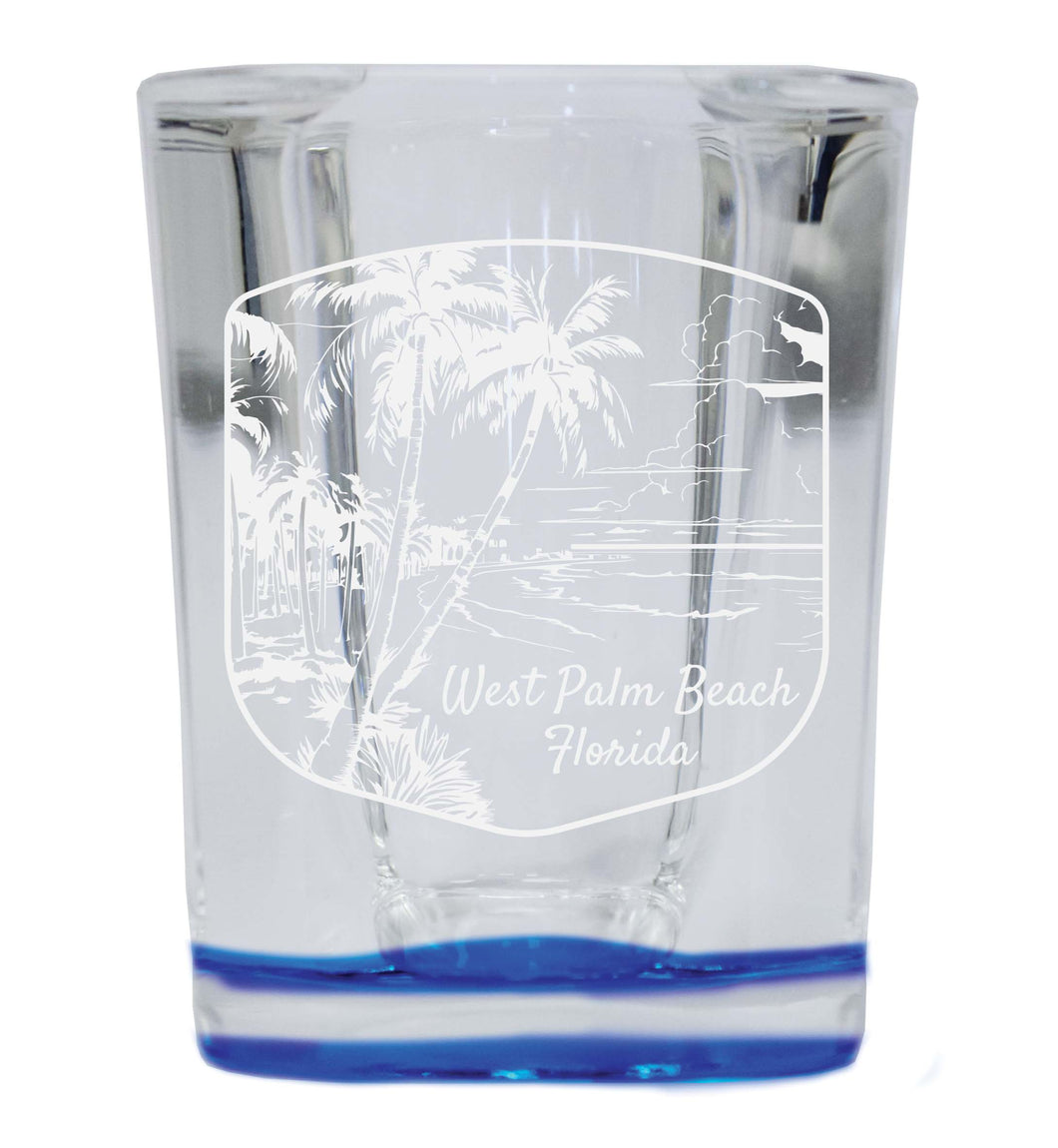 West Palm Beach Souvenir 2 Ounce Engraved Shot Glass Square Blue Base 2-Pack