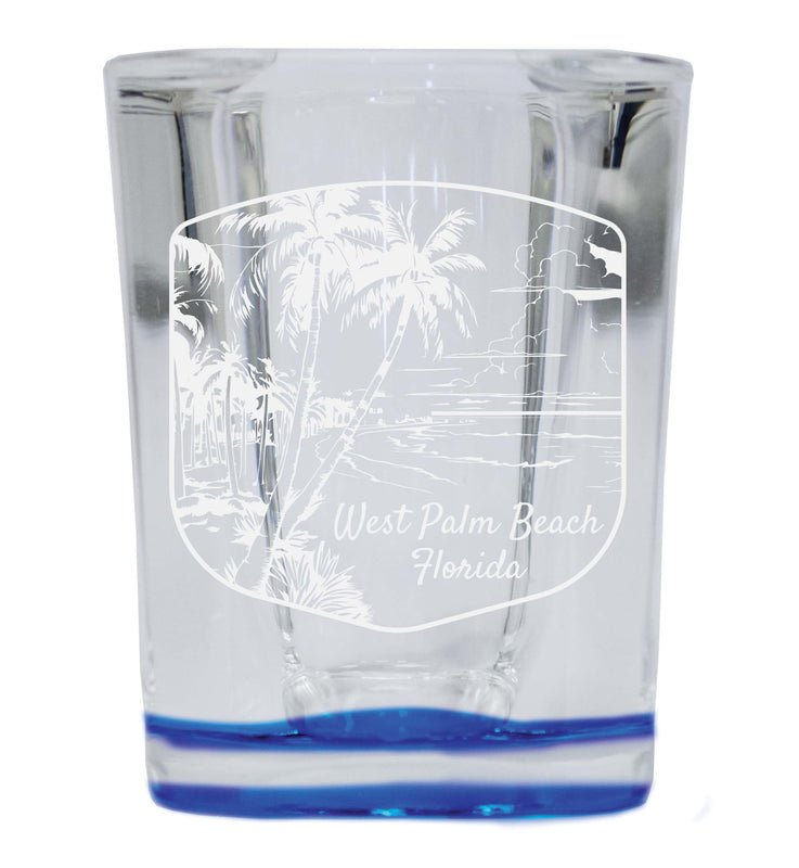 West Palm Beach Souvenir 2 Ounce Engraved Shot Glass Square Blue Base 2-Pack