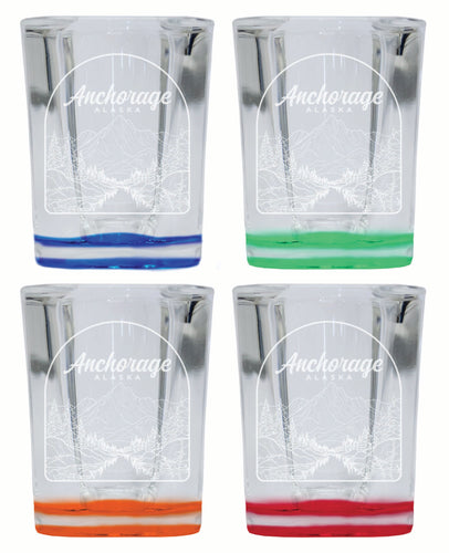 Anchorage Alaska Souvenir 2 Ounce Engraved Shot Glass Square 4-Pack Multicolor 