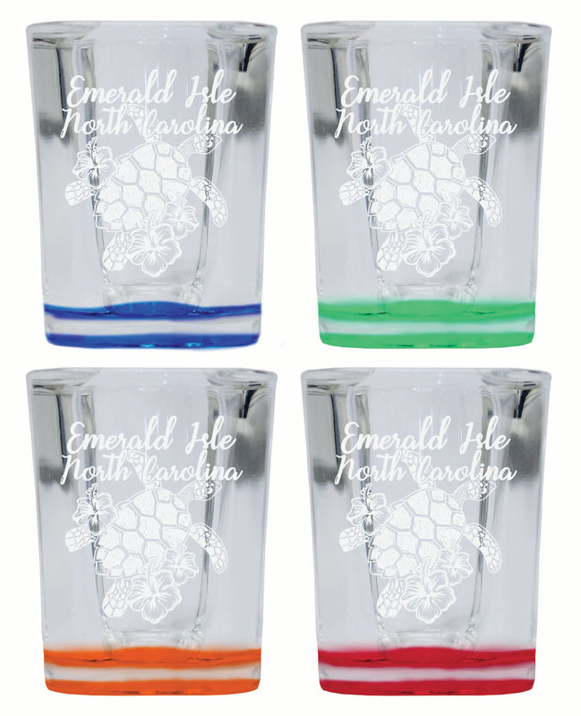 Emerald Isle North Carolina Souvenir 2 Ounce Engraved Shot Glass Square 4-Pack Multicolor 