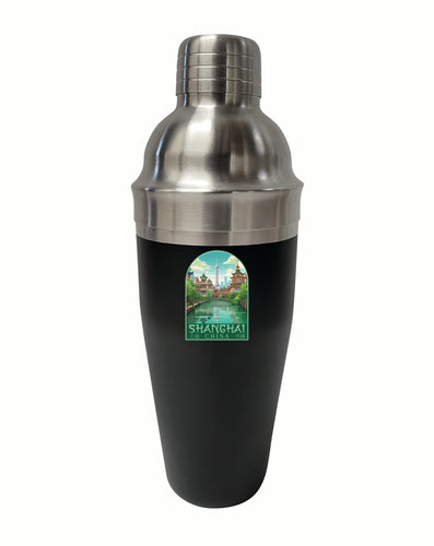 Shanghai China Old Town Design Souvenir 24 oz Stainless Steel Cocktail Shaker Black 2-Pack