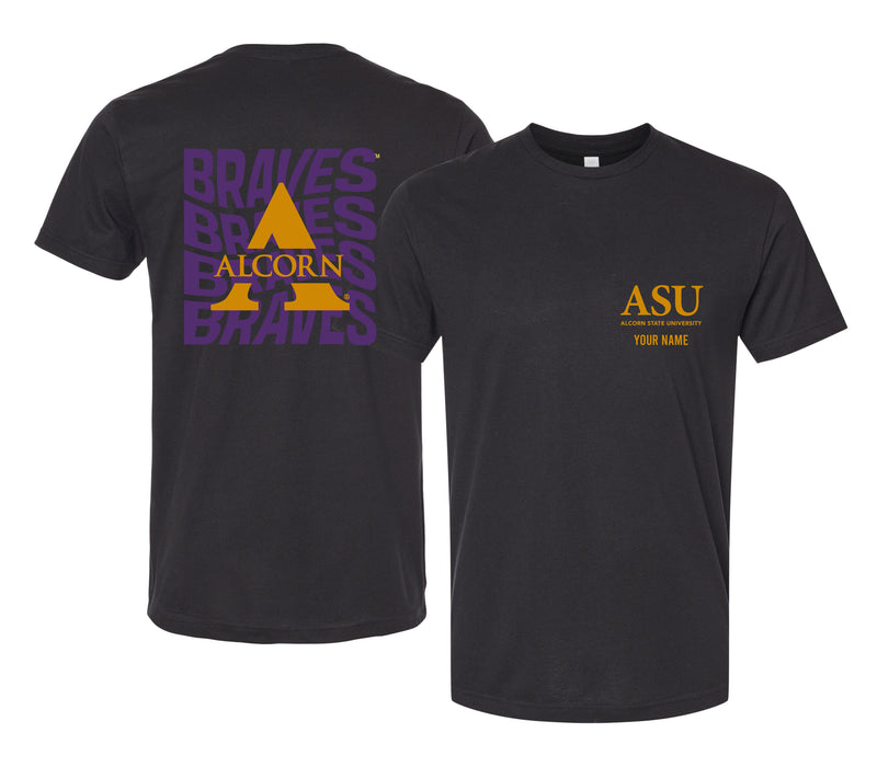 Alcorn State Braves Offic. Licensed Custom Unisex T-Shirt – Left Chest and Large Back Ripple Design XS