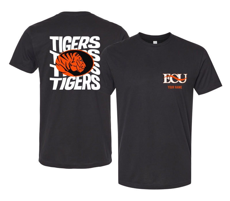 East Central University Tigers Offic. Licensed Custom Unisex T-Shirt – Left Chest and Large Back Ripple Design XS