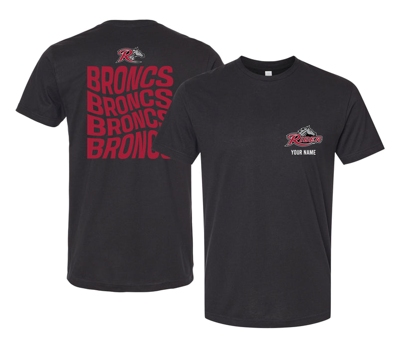 Rider University Broncs Offic. Licensed Custom Unisex T-Shirt – Left Chest and Large Back Ripple Design XS
