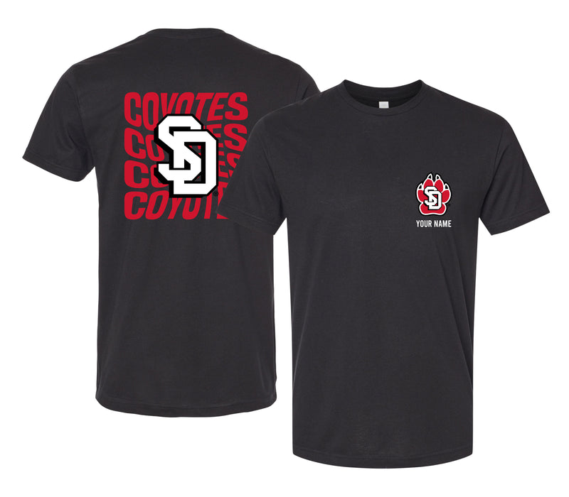 South Dakota Coyotes Offic. Licensed Custom Unisex T-Shirt – Left Chest and Large Back Ripple Design XS