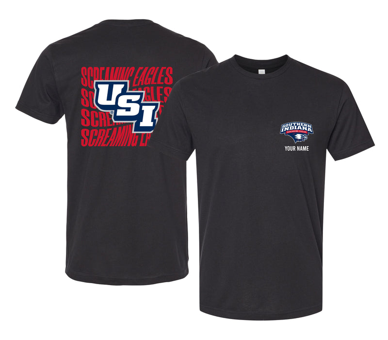 University of Southern Indiana Offic. Licensed Custom Unisex T-Shirt – Left Chest and Large Back Ripple Design XS