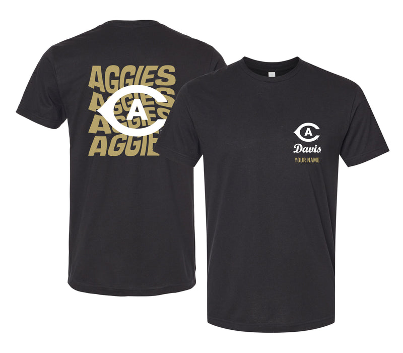 UC Davis Aggies Offic. Licensed Custom Unisex T-Shirt – Left Chest and Large Back Ripple Design XS