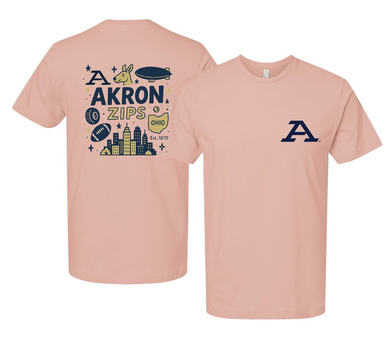 Akron Zips Officially Licensed Unisex T-Shirt – Left Chest and Large Back Medley Design