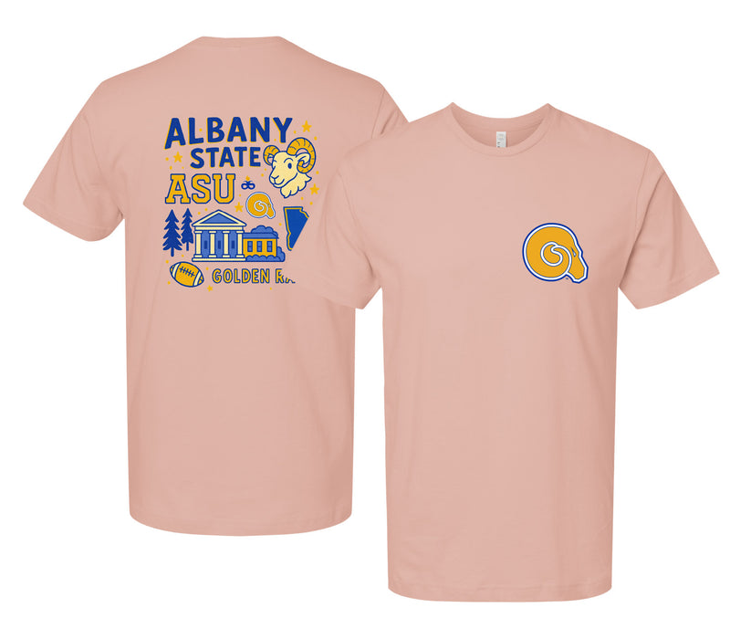 Albany State University Officially Licensed Unisex T-Shirt – Left Chest and Large Back Medley Design