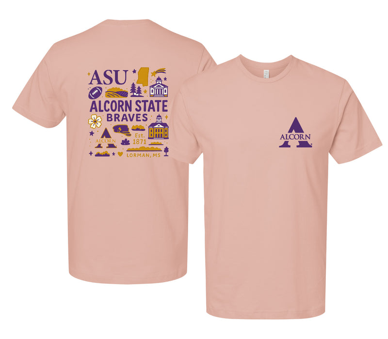 Alcorn State Braves Officially Licensed Unisex T-Shirt – Left Chest and Large Back Medley Design