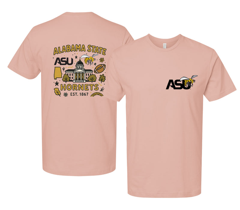Alabama State University Officially Licensed Unisex T-Shirt – Left Chest and Large Back Medley Design