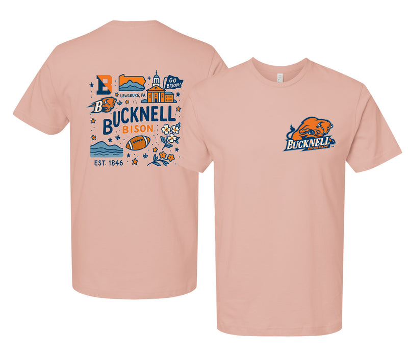 Bucknell University Bison Officially Licensed Unisex T-Shirt – Left Chest and Large Back Medley Design