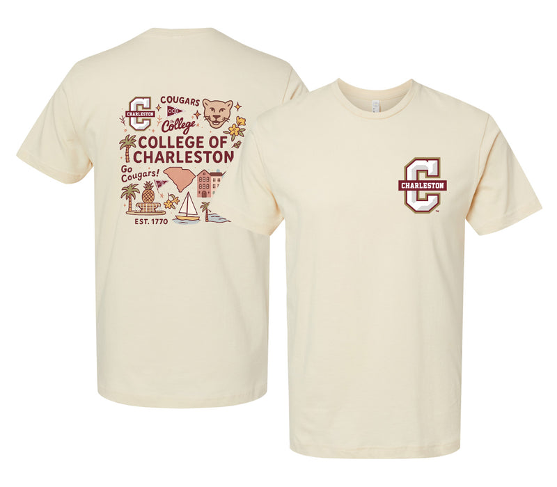 College of Charleston Officially Licensed Unisex T-Shirt – Left Chest and Large Back Medley Design