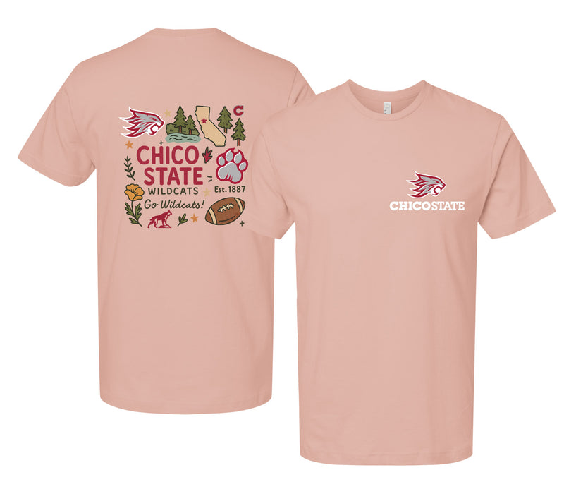 California State University, Chico Officially Licensed Unisex T-Shirt – Left Chest and Large Back Medley Design
