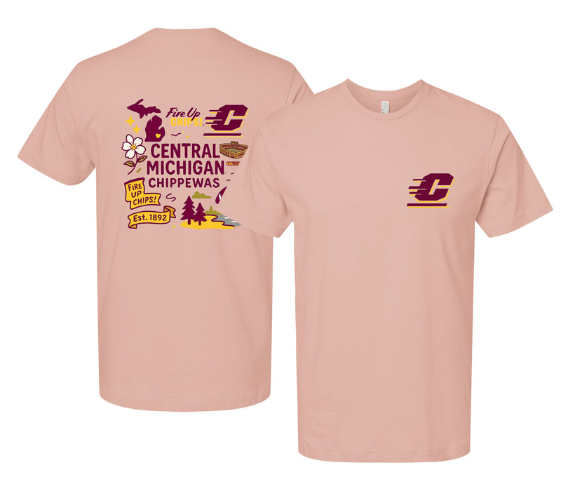 Central Michigan University Officially Licensed Unisex T-Shirt – Left Chest and Large Back Medley Design