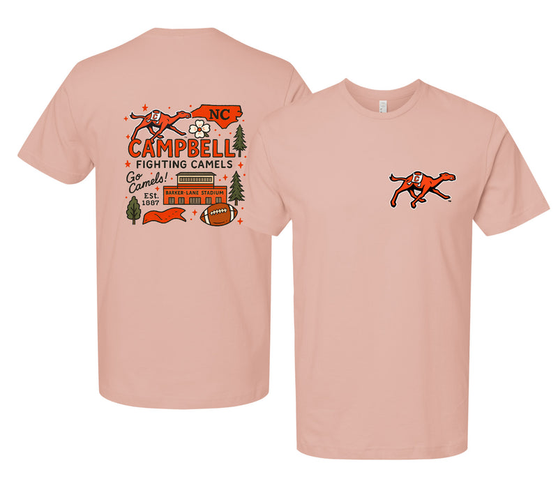 Campbell University Fighting Camels Officially Licensed Unisex T-Shirt – Left Chest and Large Back Medley Design
