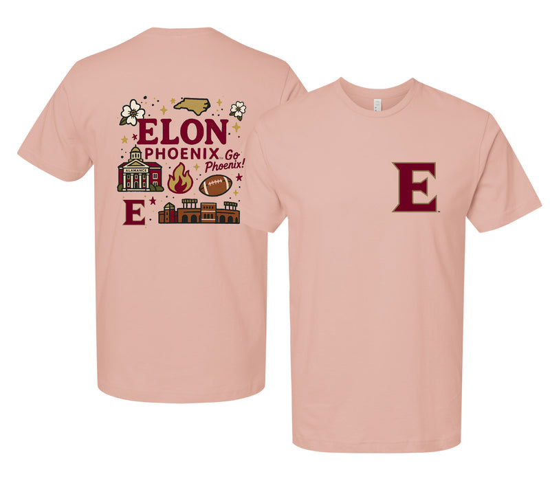 Elon University Officially Licensed Unisex T-Shirt – Left Chest and Large Back Medley Design