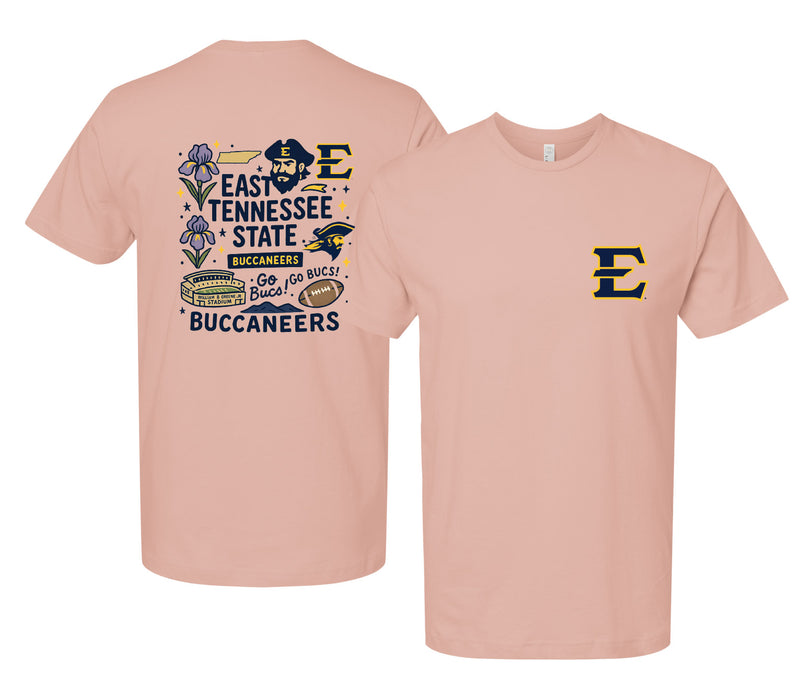 East Tennessee State University Officially Licensed Unisex T-Shirt – Left Chest and Large Back Medley Design