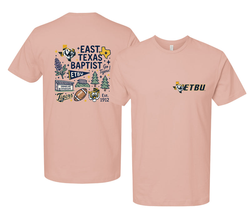 East Texas Baptist University Officially Licensed Unisex T-Shirt – Left Chest and Large Back Medley Design