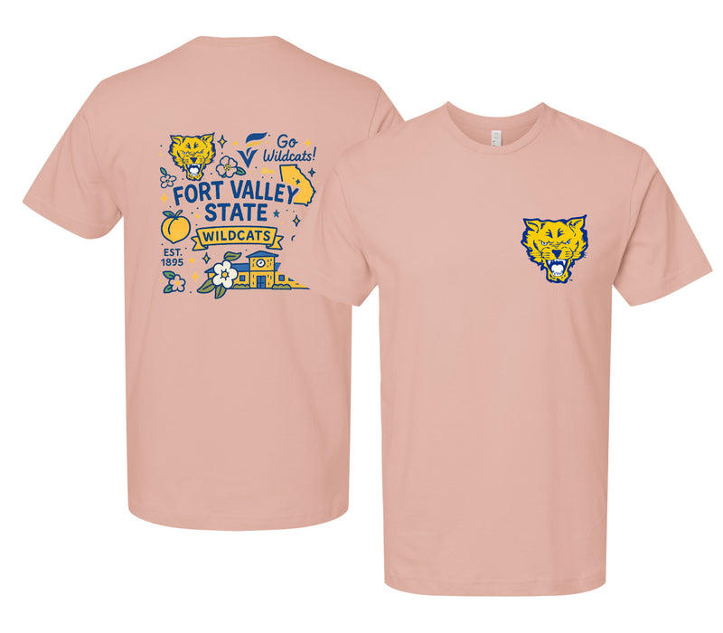 Fort Valley State University Officially Licensed Unisex T-Shirt – Left Chest and Large Back Medley Design