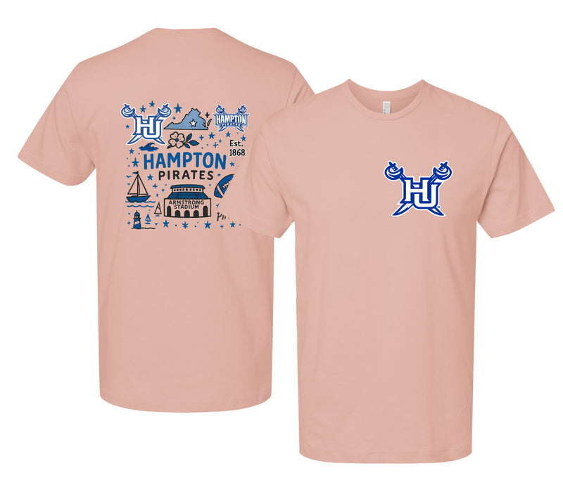 Hampton University Officially Licensed Unisex T-Shirt – Left Chest and Large Back Medley Design