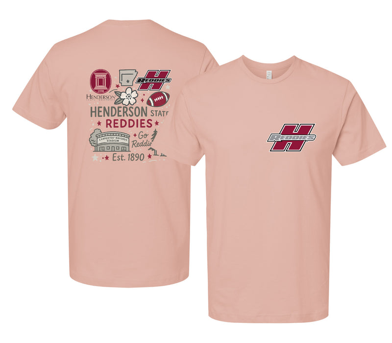 Henderson State Reddies Officially Licensed Unisex T-Shirt – Left Chest and Large Back Medley Design