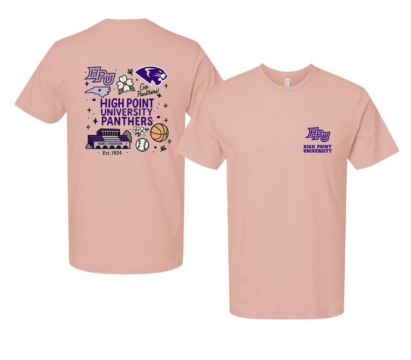 High Point University Officially Licensed Unisex T-Shirt – Left Chest and Large Back Medley Design