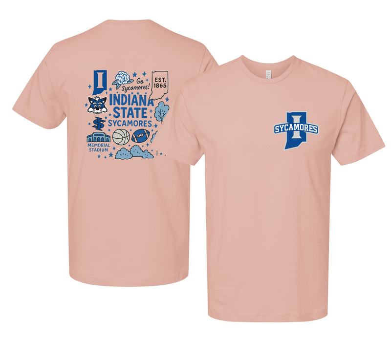 Indiana State University Officially Licensed Unisex T-Shirt – Left Chest and Large Back Medley Design