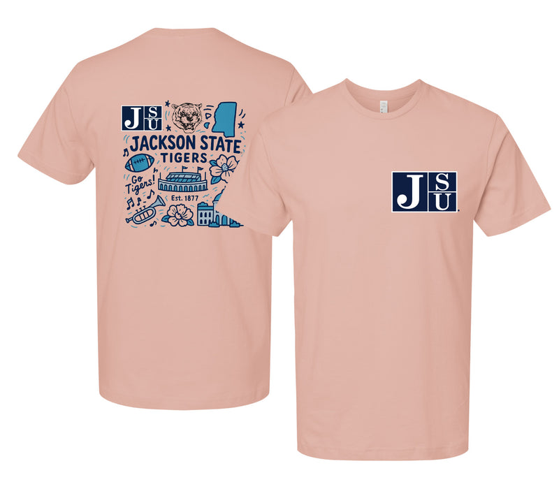 Jackson State University Officially Licensed Unisex T-Shirt – Left Chest and Large Back Medley Design